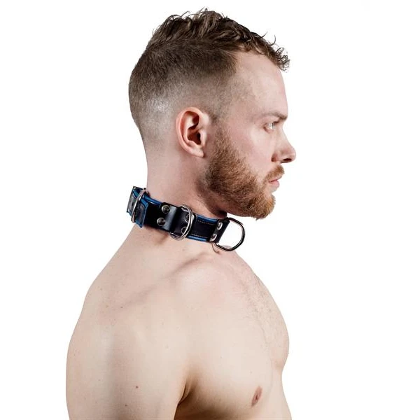 Mister B Leather Slave Collar 4 D-Rings Blue - Bilde 3