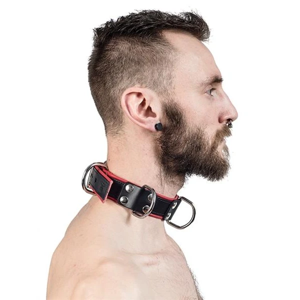 Mister B Leather Slave Collar 4 D-Rings Red - Bilde 3