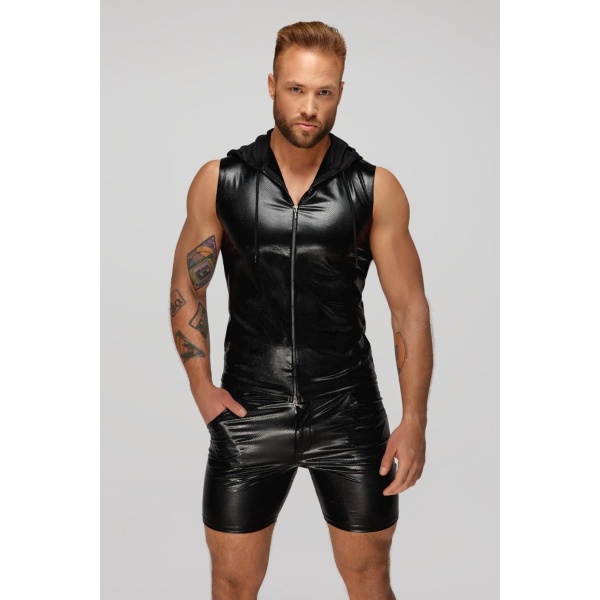 Snake wetlook sleeveless zip-up top with sheer hood