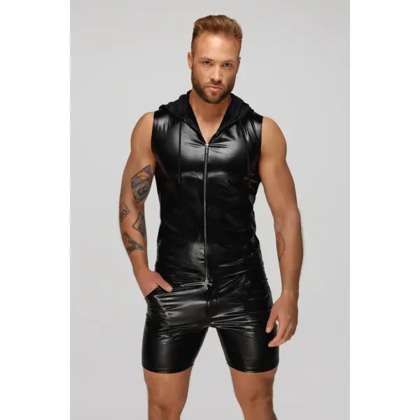 Snake wetlook sleeveless zip-up top with sheer hood