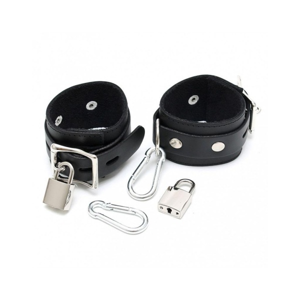 Leather Foot cuffs with padlocks, lock and 2 carabine hooks