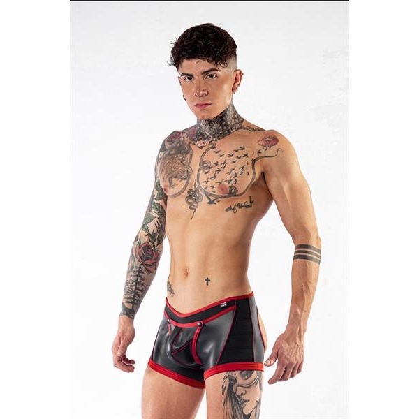 Mister B Neoprene V-Shaped Shorts Open Back Black Red