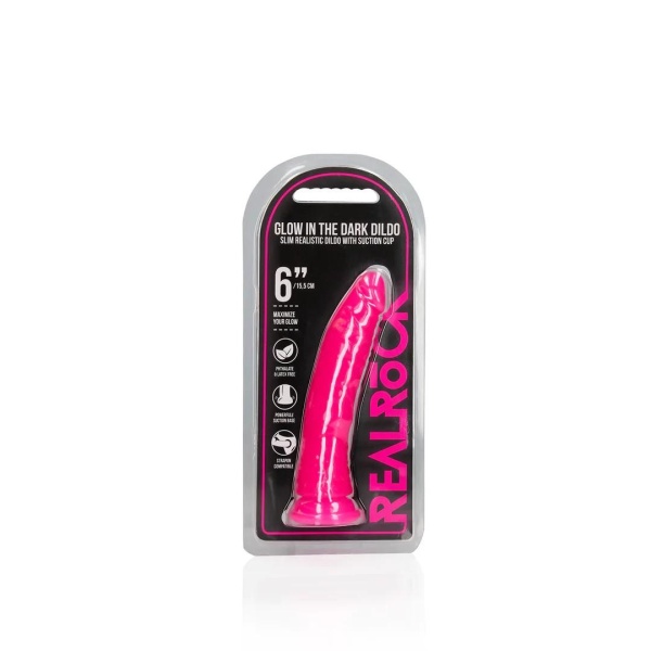 Slim Realistic Dildo with Suction Cup - Glow in the Dark - 6'' / 15,5 cm - Pink - Bilde 6