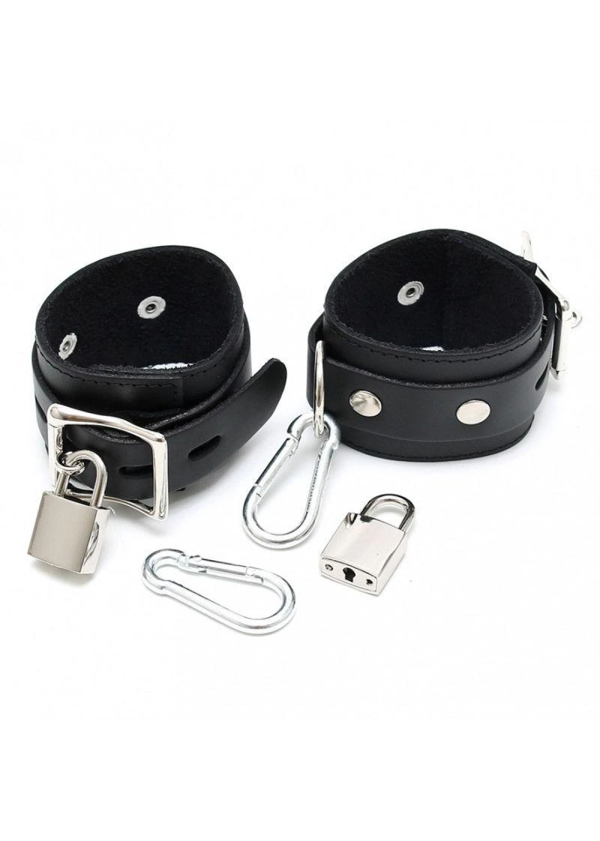 Leather Foot cuffs with padlocks, lock and 2 carabine hooks