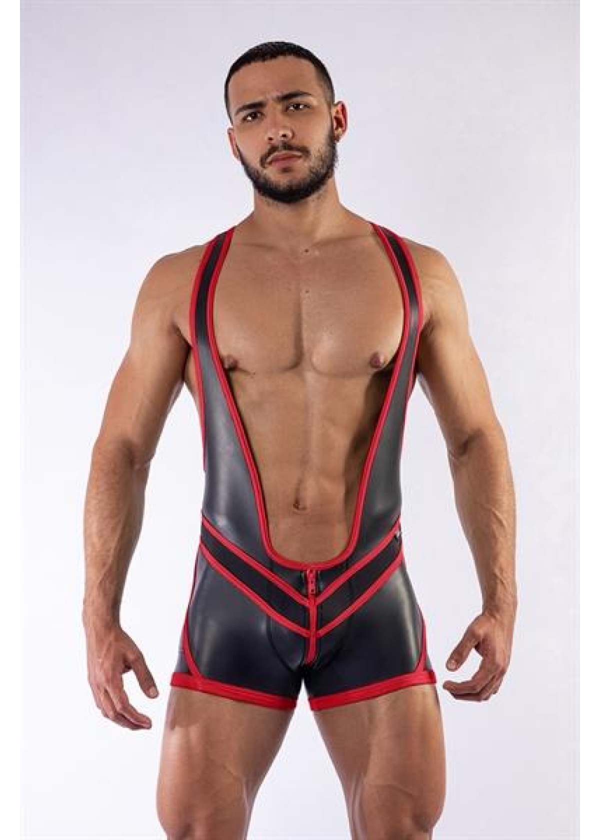 Mister B Neoprene Wrestling Suit Open Back Black Red