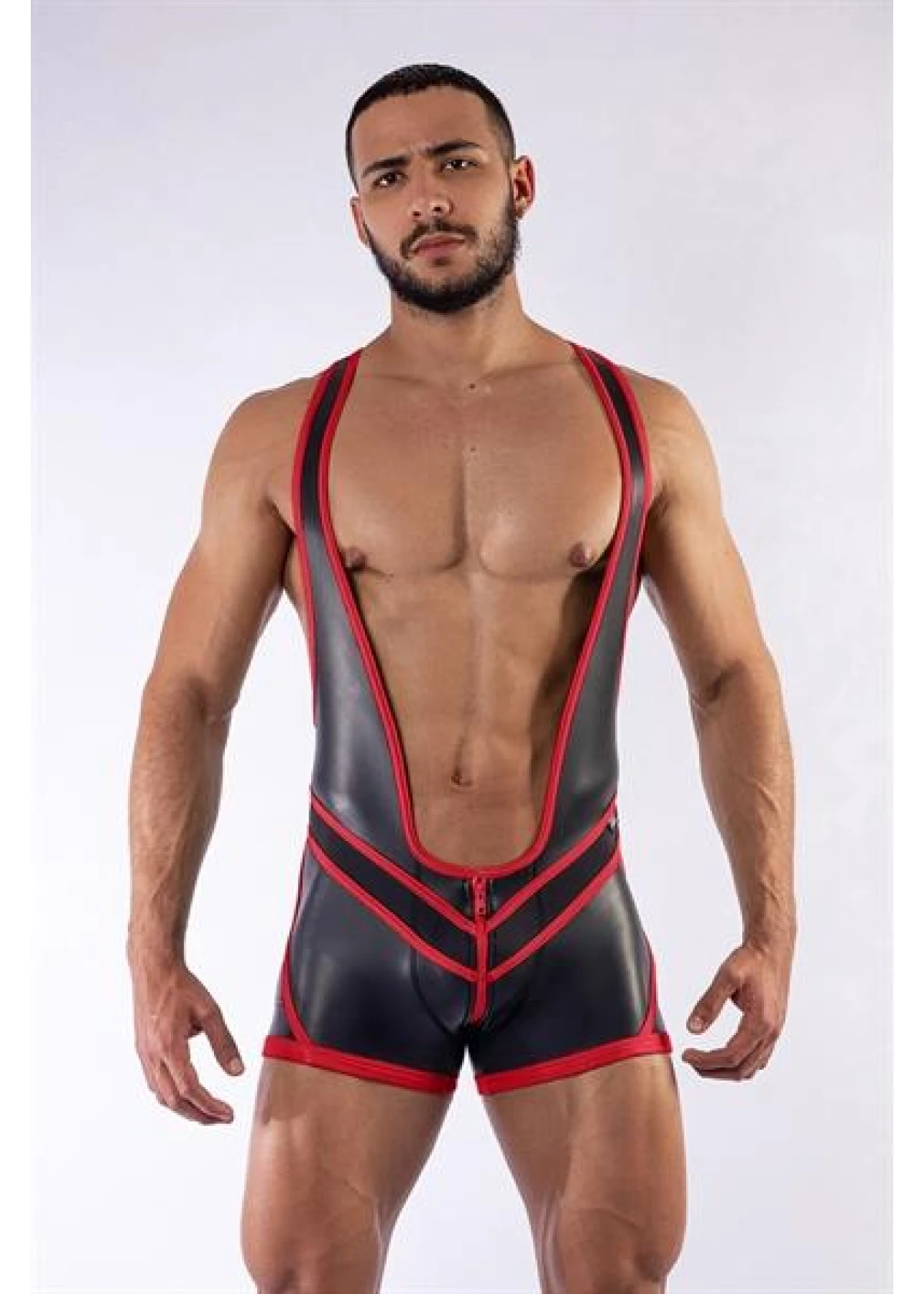 Mister B Neoprene Wrestling Suit Open Back Black Red