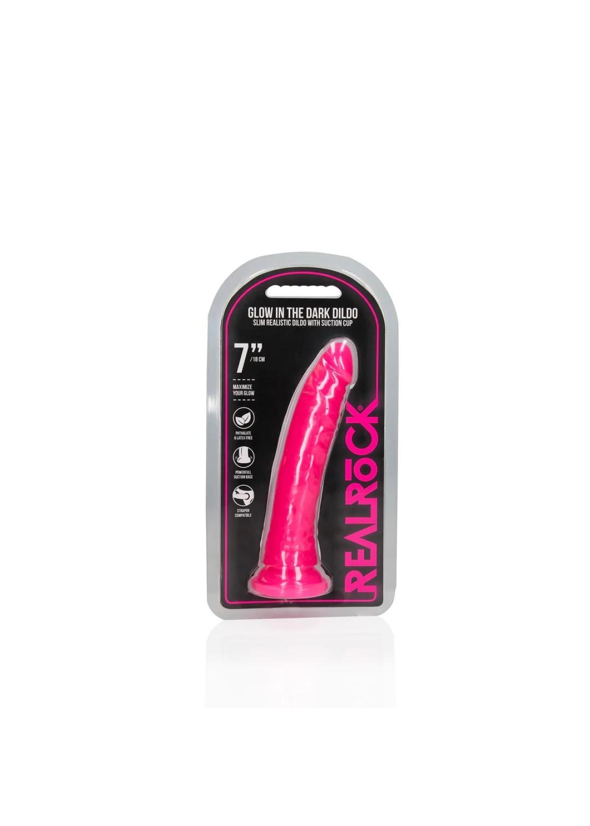 Slim Realistic Dildo with Suction Cup - Glow in the Dark - 7'' / 18 cm - Pink
