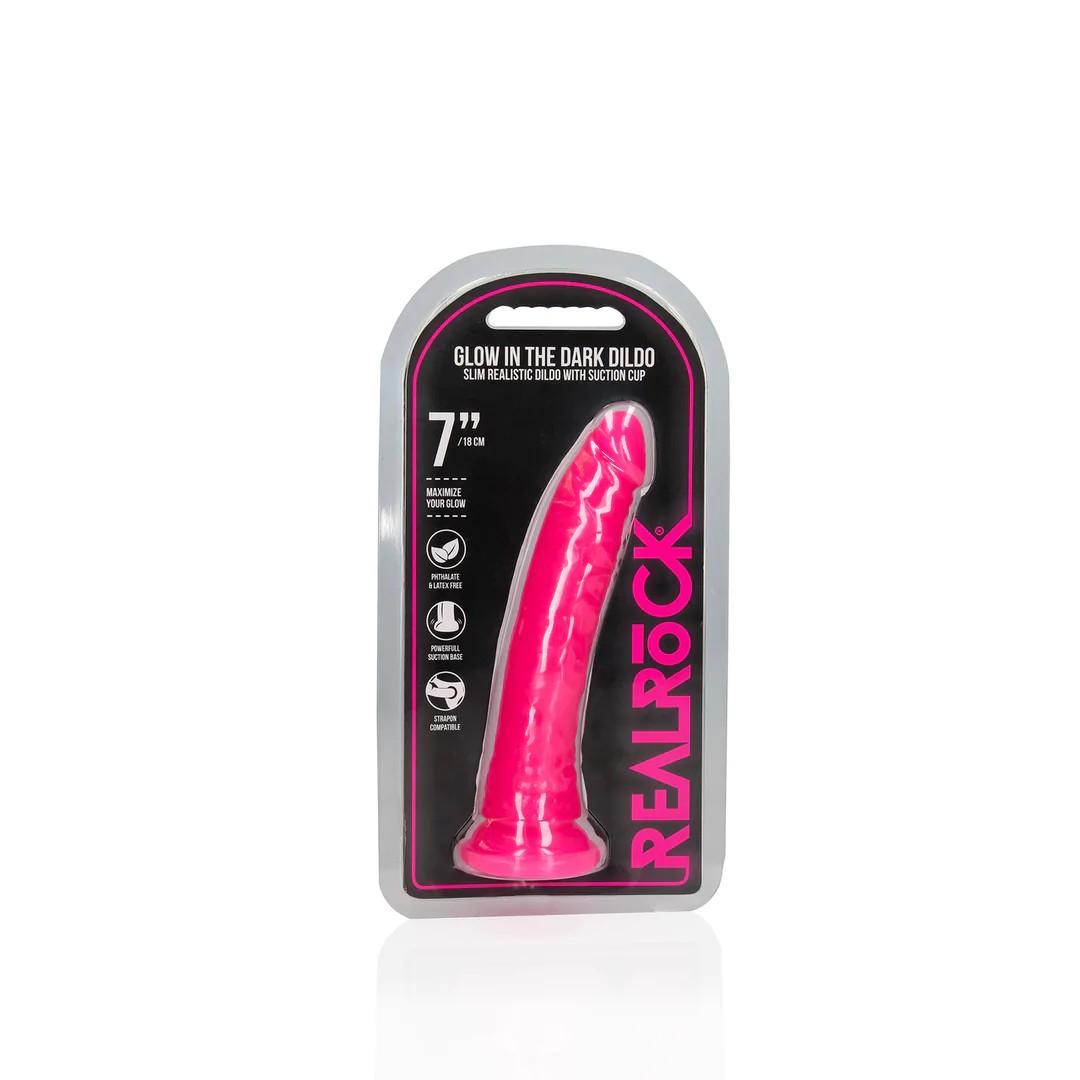 Slim Realistic Dildo with Suction Cup - Glow in the Dark - 7'' / 18 cm - Pink