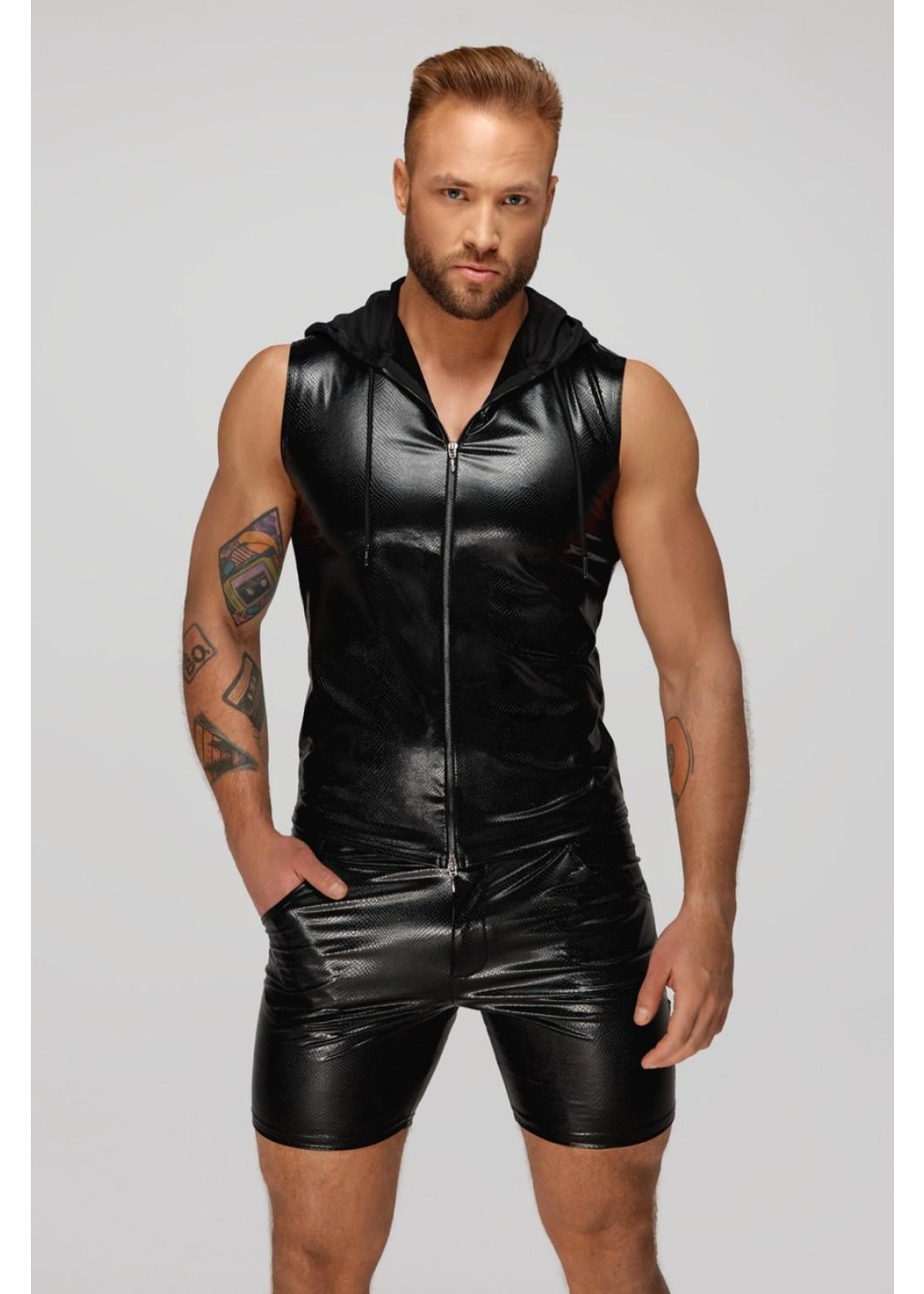 Snake wetlook sleeveless zip-up top with sheer hood