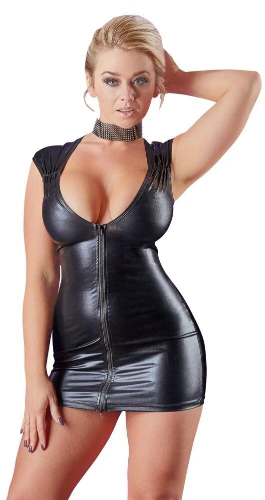 Wetlook Mini Dress with Cleavage Zip