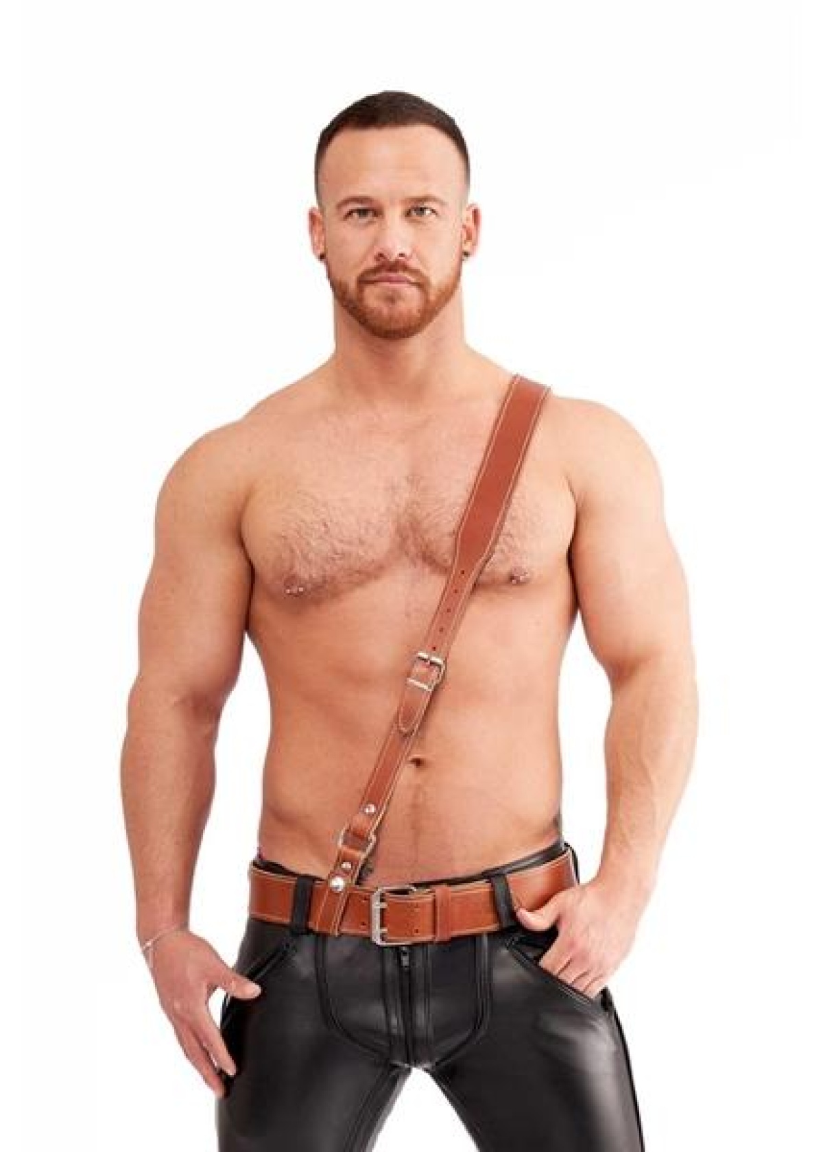 Mister B Leather Sam Browne Belt Stitched - Brown