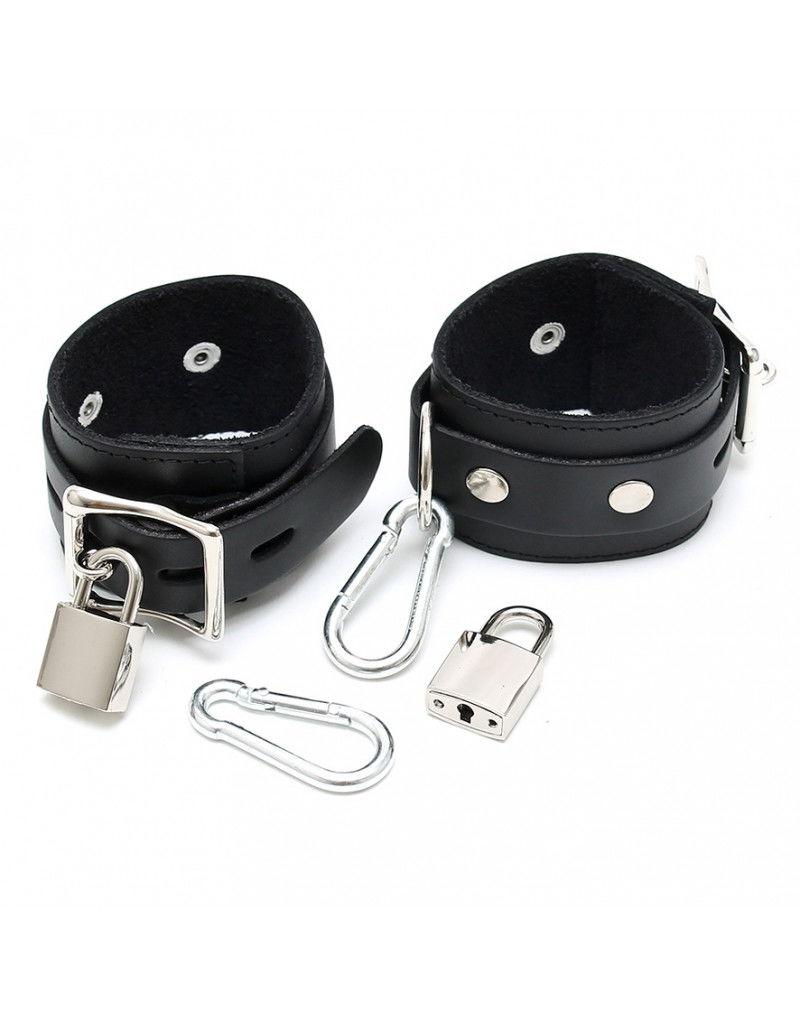 Leather Foot cuffs with padlocks, lock and 2 carabine hooks