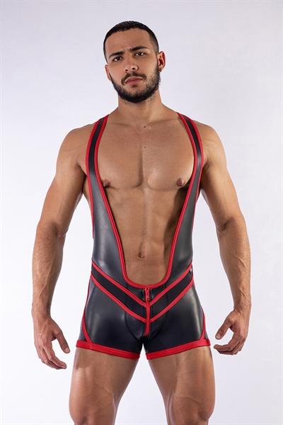 Mister B Neoprene Wrestling Suit Open Back Black Red