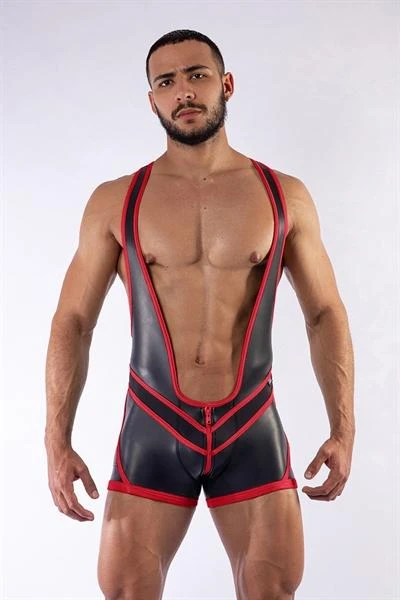 Mister B Neoprene Wrestling Suit Open Back Black Red