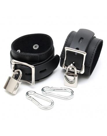 Leather Hand Cuffs with Padlocks - Black & Silver
