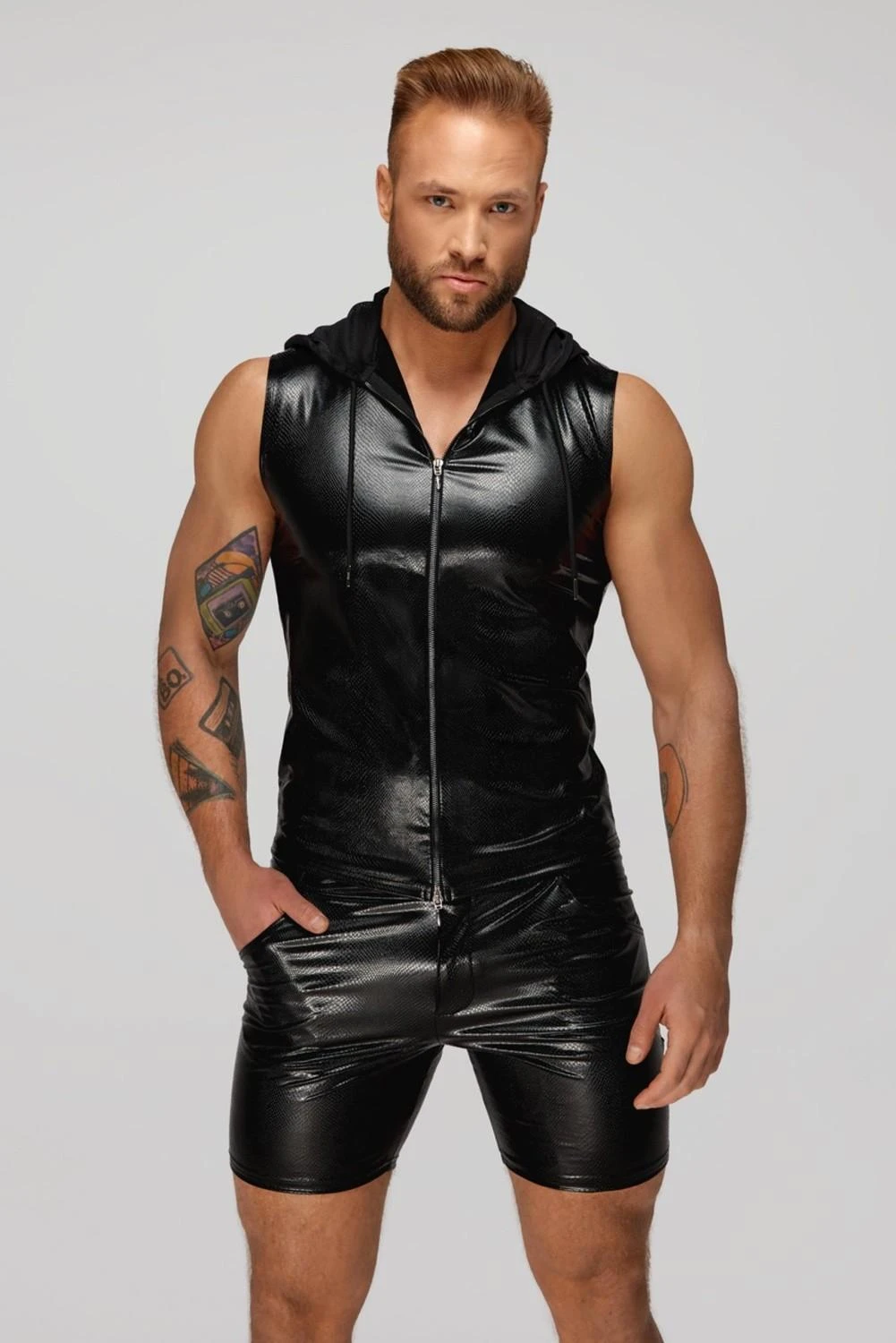 Snake wetlook sleeveless zip-up top with sheer hood