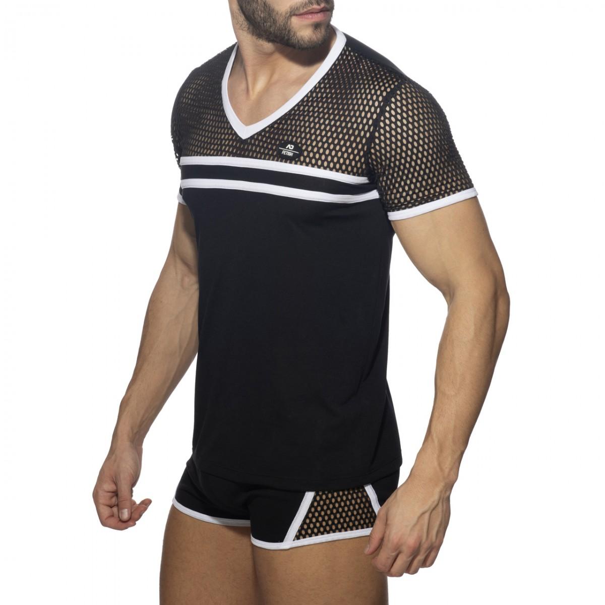 MESH-STRIPED T-SHIRT - Sort med hvite detaljer